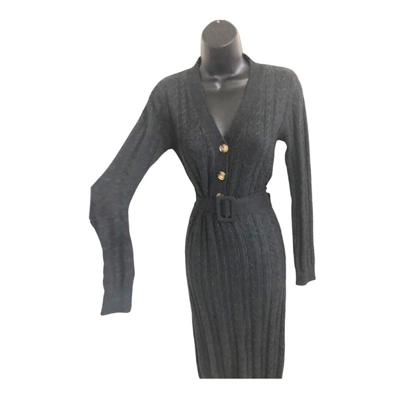 Lucky Brand dark charcoal chunky knit belted v-neck sweater dress size small new - Picture 9 of 12